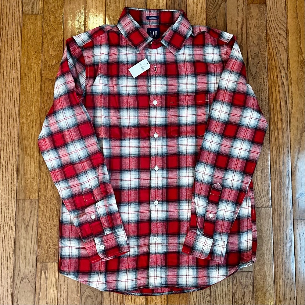 NWT Gap Organic Cotton Midweight Flannel Shirt in White Red Plaid